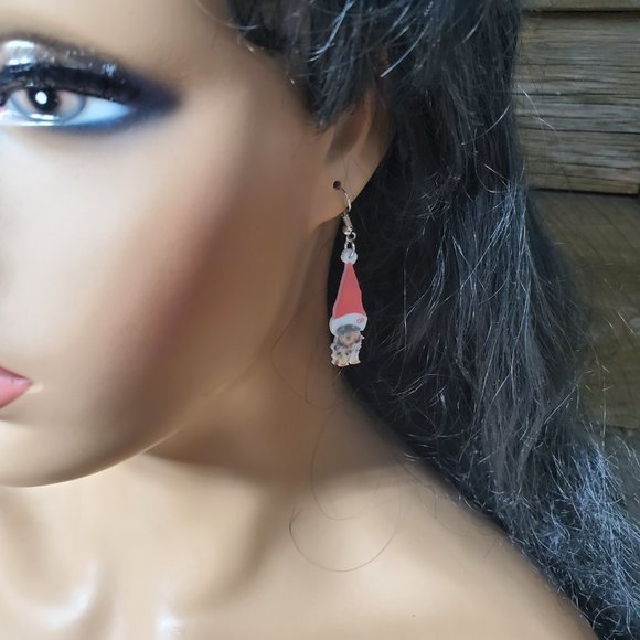 Yorkshire Terrier Puppy Earrings - Santa Hat - 2D - Double Sided - Picture 7 of 8